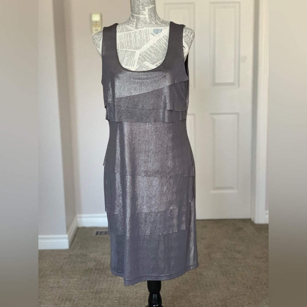 JOSEPH RIBKOFF | Grey MetallicTiered Sleeveless Cocktail Dress | Sz 12